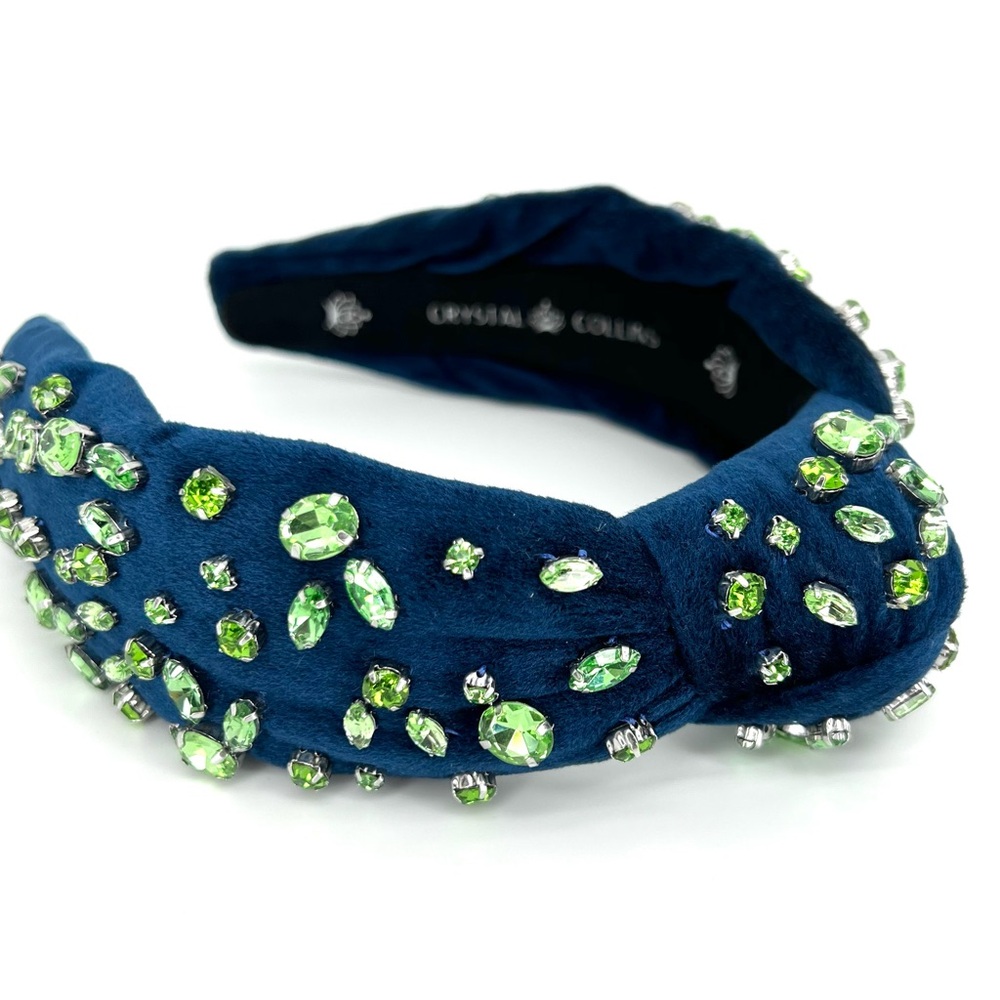 Blue Velvet Topknot Headband with Green Crystal Gems Spring Summer Wedding Gift